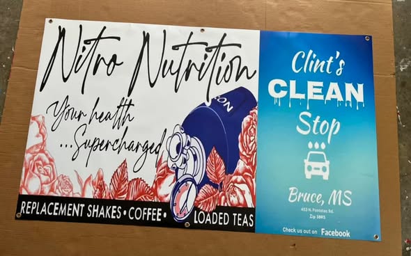 Grand opening banner with bold text announcing new business launch